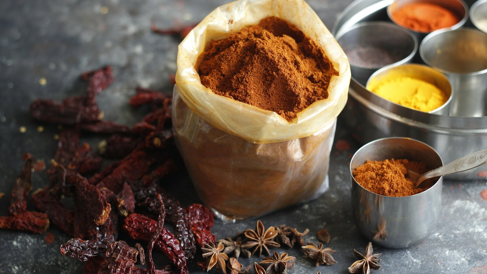 Indian spices and herbs, turmeric, chilli and star anise